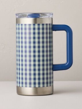 20 fl oz Lg Stainless Steel Insulated Travel Mug Blue Gingham Hearth & Hand™